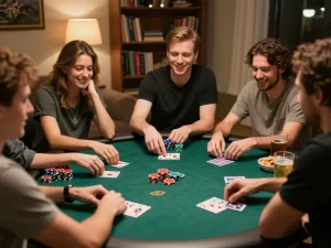 RR88 players enjoying a friendly poker game at home, showcasing chips and cards.
