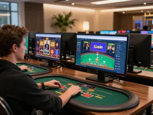 Gambling on the LLwin app with a dynamic live blackjack game displayed on multiple screens in a stylish home setup.