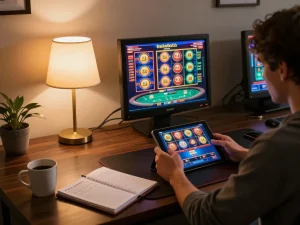 Engaging player enjoying pajaktoto online gaming on a tablet at home with strategic betting notes.