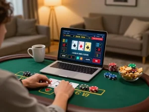 Person enjoying online blackjack at home, showcasing lv88seo's gaming strategies.