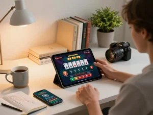 Engaging with online casinos in Canada at home, showing blackjack gameplay on a tablet and strategic betting notes.