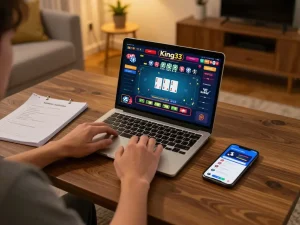 Engaging scene of a player enjoying King33 online casino experience with live dealer action