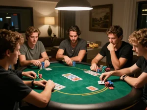 Sunwin players engaged in a lively poker night, showcasing strategic decisions and camaraderie.