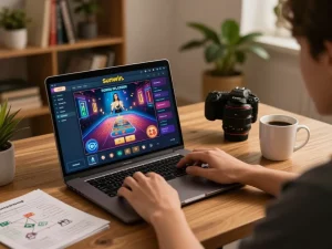 Engage in strategic online gaming with Sunwin on a laptop, showcasing a vibrant casino interface and cozy home setup.