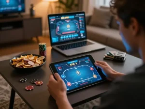 Engaged player using nhacaiuytinn watching poker game interface, enjoying responsible online gambling.