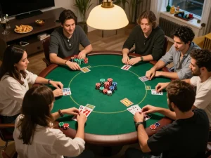 Engaging poker night scene with friends at a round table, capturing the essence of social gambling at lv 88.