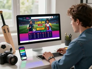 Excited user engaging with 99exchange on a laptop in a vibrant betting environment.