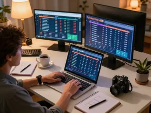 Person strategizing online betting at tylekeonhacai88 with laptop and notes