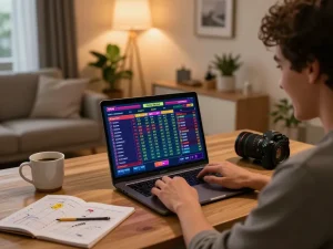 Paito macau online betting interface showing colorful numbers with excited player in modern home office.