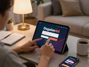 Engaging in dagelan4d login on a tablet while planning gambling strategy in a cozy home setting.