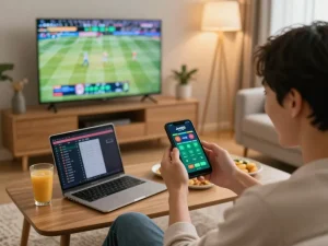 Excited user placing bets on Jun88 app during live sports event, showcasing engaged home atmosphere.