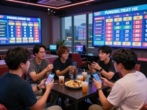 Excited players watching Pengeluaran HK results in a vibrant gaming lounge.