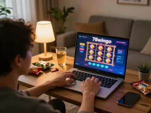 Player engaging with 78wingo casino app on a laptop in a cozy living room