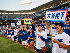 ドジャースタジアムでファンと共に盛り上がる大谷翔平応援の祝賀シーン。