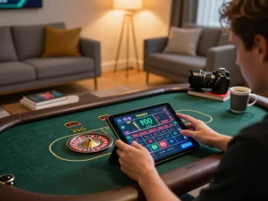 Engaged player using gamebaidoithuong8 to participate in live dealer gaming from a stylish home setup.