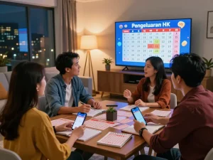Excited viewers discussing Pengeluaran HK lottery results in a cozy living room.