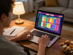 Player enjoying the thrill of toto gaming on their laptop in a cozy home setting