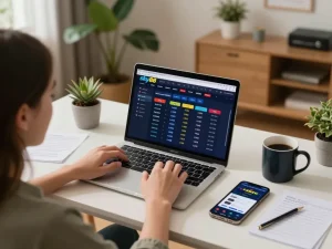 Engaged bettor using sky88 platform for sports betting at home with laptop and notes