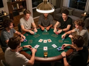 Friends enjoying an exciting poker night at home while using abc8go for gameplay strategies.