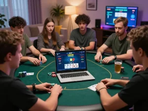 Engaged players enjoying IDN Poker online in a lively gaming atmosphere with vibrant screens and accessories.