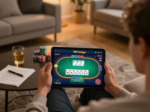 Engaging gameplay on 789clubgo app shown on tablet, illustrating online poker experience at home.