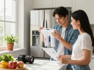 Young couple installing Waterdrop Plus WDP-F19C Replacement for GE® RPWFE® water filter in modern kitchen.
