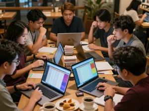 Engaged togel players analyzing Pengeluaran HK data in a lively cafe environment.