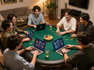 Players engaging in dynamic BK8 online poker game from home setup, showcasing strategy and excitement