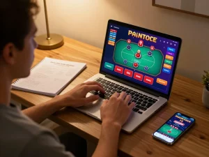 Playing poker on DH88 platform, showcasing laptop interface and strategic notes for winning