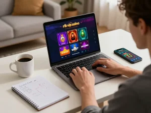 Player engaging with rik vip online casino interface on a laptop in a cozy home setup.