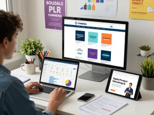 Dynamic workspace showcasing PLR digital products for sale with e-commerce elements optimized for marketing.