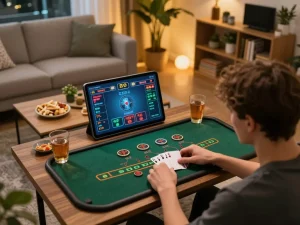 Hit club player strategizing blackjack on tablet in cozy home setup