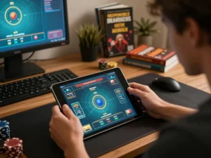 O8 user placing strategic bets on a tablet while enjoying the comforts of home gaming