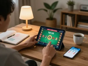 Enjoying online Tài Xỉu gameplay on taixiuonline8 app in a cozy home setting with strategic notes.