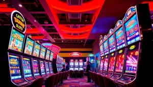 Engaging players at online slots UK with vibrant gaming machines in a lively casino atmosphere.