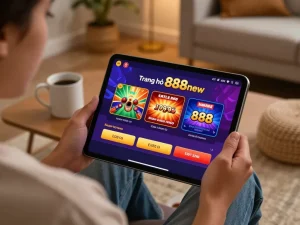 Engaging with the Trang chủ 888new online casino app in a cozy living room.