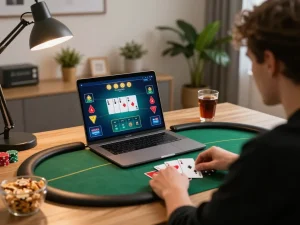 Player enjoying online poker at home using hay88x with warm ambiance and strategic gameplay elements