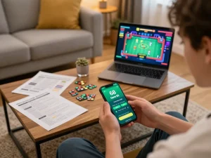 Play slots on 68gamebaivn app at home, showcasing a cozy gaming environment with strategic betting notes.
