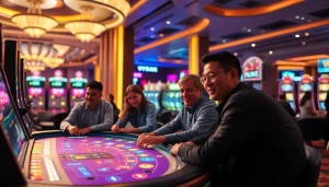 Engaging players at a Non Uk Casino table amidst vibrant slot machines and lively atmosphere.