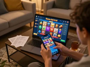 Engaging with Game bài nổ hũ on a mobile app during a cozy gaming evening at home.