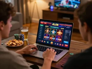 Player engaging with ALO8 online gaming interface on laptop, showcasing vibrant casino activity and inviting atmosphere.
