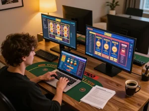 Player engaging in DN88 online casino games on laptop, showcasing slots and gameplay strategies