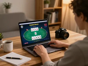 mm88 player enjoying online poker with strategy notes in cozy home setting.