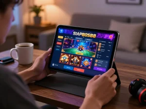 Engaging with the SIAPBOS88 online casino on a tablet in a cozy home environment.