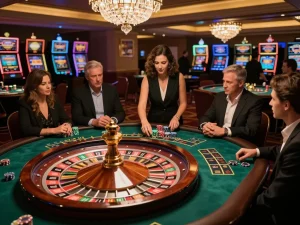 rokok88 players engaging at a roulette table in a bustling casino, showcasing excitement and elegance.