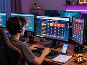 Engaging online betting scene showing Pengeluaran HK and Togel Hongkong lotto data in a cozy home office.