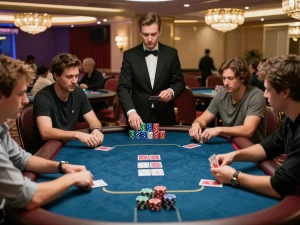 iWin poker players making strategic bets at a luxurious casino table with stacked chips and intense atmosphere