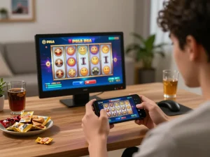 Engaging in slot pulsa gameplay on a smartphone in a cozy home setting.