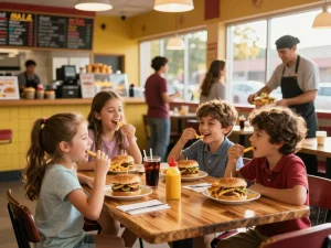 Delicious fast food menu items enjoyed by a family at a vibrant restaurant.