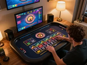 Engaging player strategizing bets on Onbet's online roulette table.